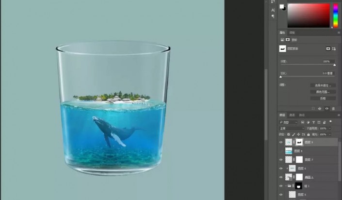 Photoshop合成玻璃杯中的海洋场景，奇幻的海洋世界画面。