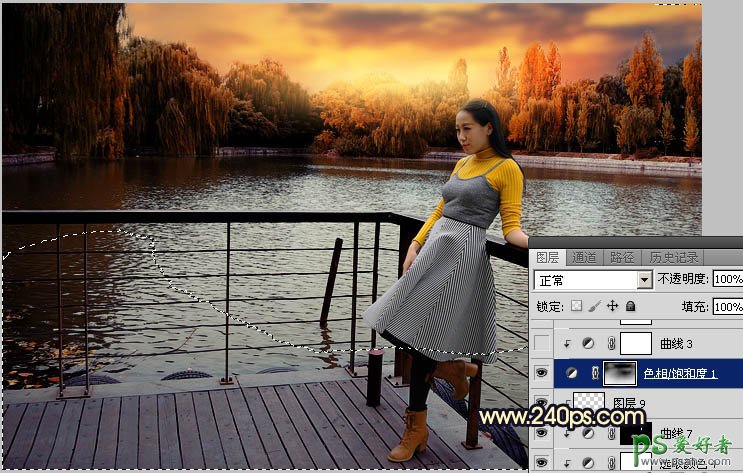 Photoshop给公园湖边自拍的少妇写真照调出漂亮的霞光色彩。