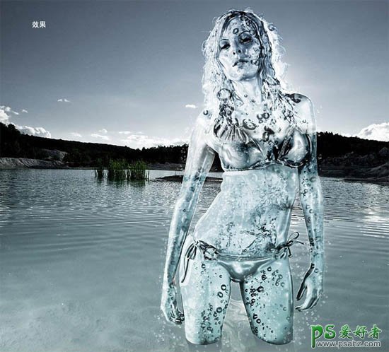 Photoshop给漂亮的比基尼美女人像艺术照制作成创意的透明水人。