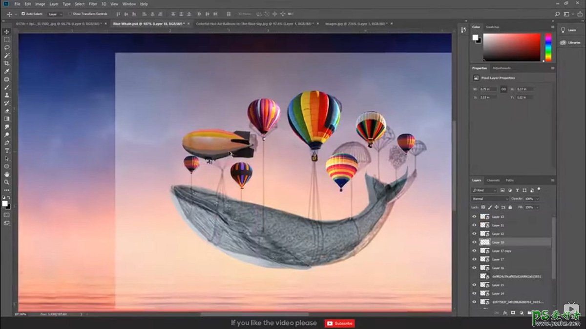 Photoshop创意合成热气球带着鲸鱼在天空中飞翔的场景。